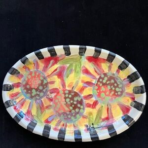 Sunflowers On Scarlet Handmade Ceramic Original Oval Tray 11.5”x8”